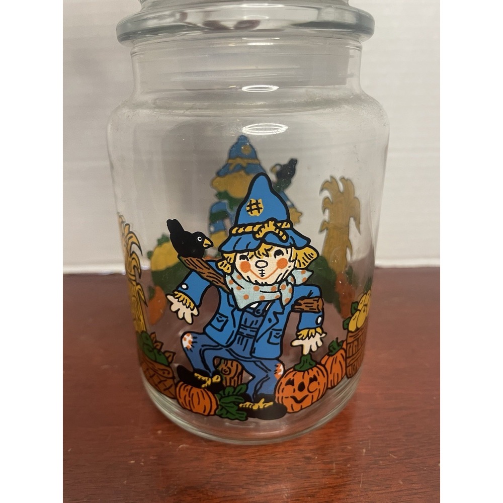 Vintage Libbey Glass Halloween Candy Jar W/ Lid Canister Scarecrow Pumpkin Patch - Picture 4 of 8